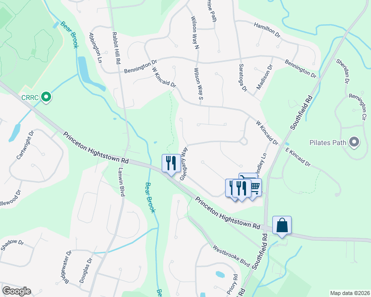 map of restaurants, bars, coffee shops, grocery stores, and more near 14 Glengarry Way in West Windsor Township