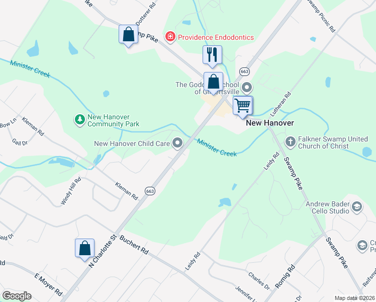 map of restaurants, bars, coffee shops, grocery stores, and more near 2802 North Charlotte Street in Gilbertsville