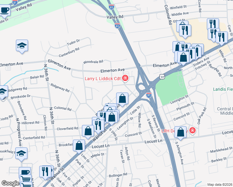 map of restaurants, bars, coffee shops, grocery stores, and more near 3980 Rauch Street in Harrisburg