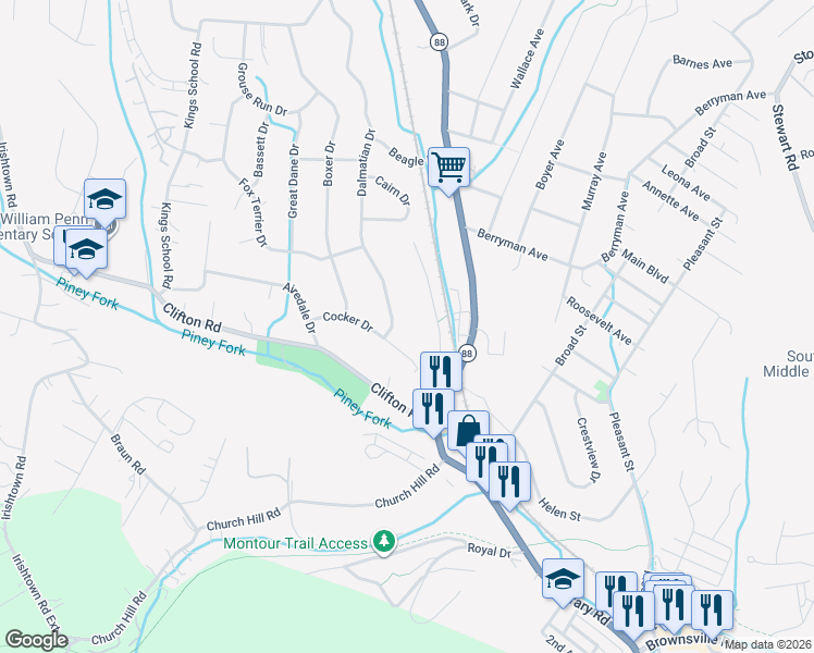 map of restaurants, bars, coffee shops, grocery stores, and more near 6197 Dalmatian Drive in Bethel Park