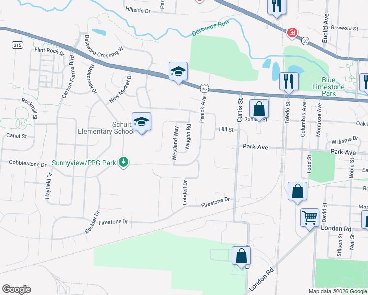map of restaurants, bars, coffee shops, grocery stores, and more near 88 Vaughn Road in Delaware