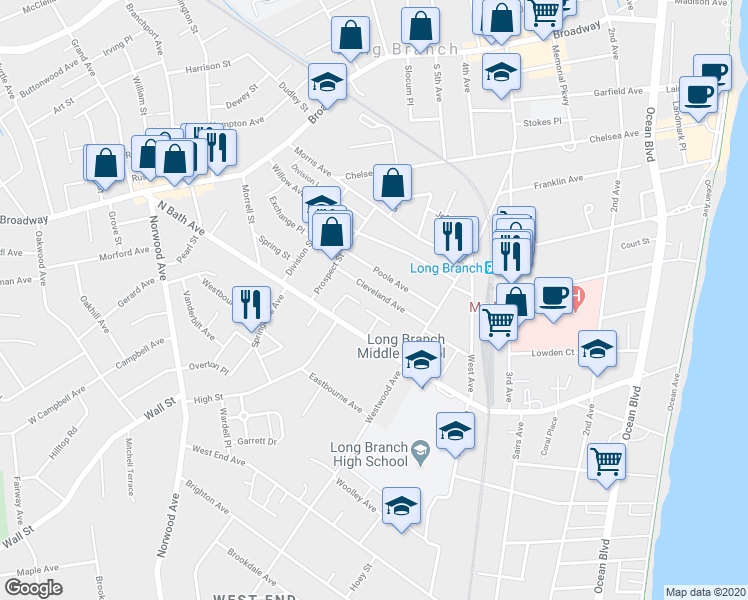 map of restaurants, bars, coffee shops, grocery stores, and more near 296 Cleveland Avenue in Long Branch