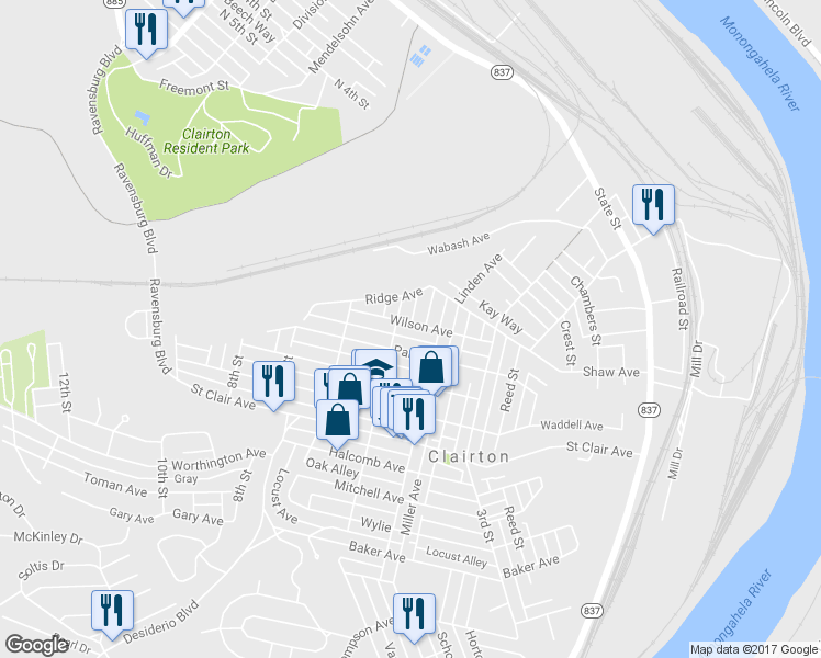 map of restaurants, bars, coffee shops, grocery stores, and more near 440 Wilson Avenue in Clairton