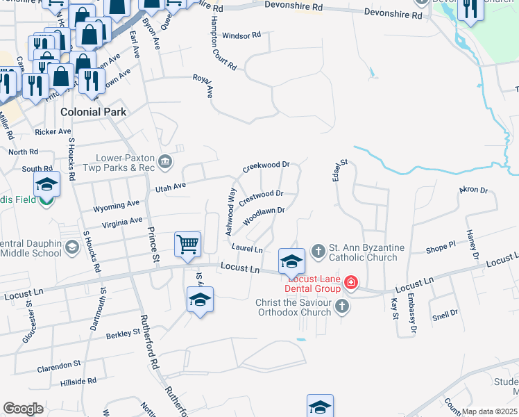 map of restaurants, bars, coffee shops, grocery stores, and more near 5218 Woodlawn Drive in Harrisburg