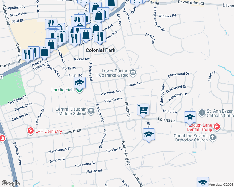 map of restaurants, bars, coffee shops, grocery stores, and more near 4925 Wyoming Avenue in Harrisburg