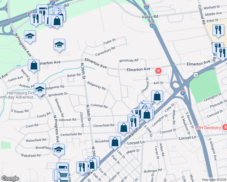 map of restaurants, bars, coffee shops, grocery stores, and more near 312 North 39th Street in Harrisburg