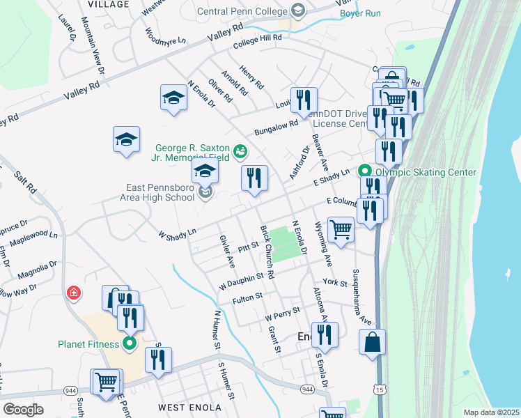 map of restaurants, bars, coffee shops, grocery stores, and more near 230 West Shady Lane in Enola