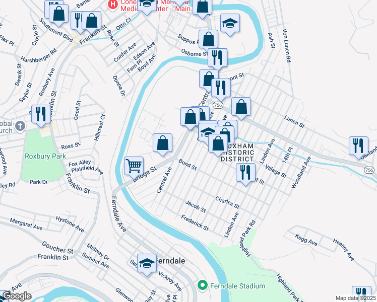 map of restaurants, bars, coffee shops, grocery stores, and more near 630 Central Avenue in Johnstown