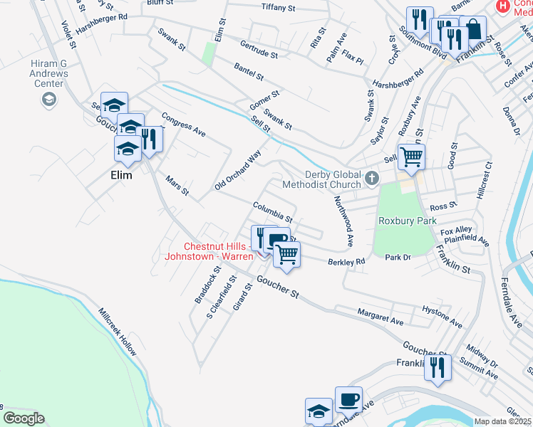 map of restaurants, bars, coffee shops, grocery stores, and more near 372-380 Braddock St in Johnstown