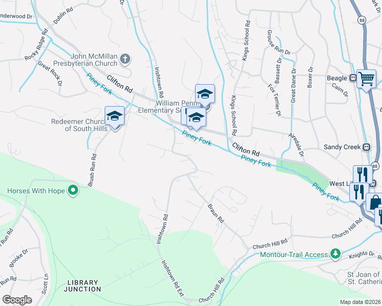 map of restaurants, bars, coffee shops, grocery stores, and more near 6221 Irishtown Road in Bethel Park