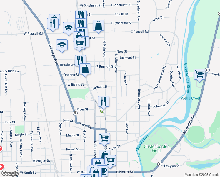 map of restaurants, bars, coffee shops, grocery stores, and more near 215 Kossuth Street in Sidney