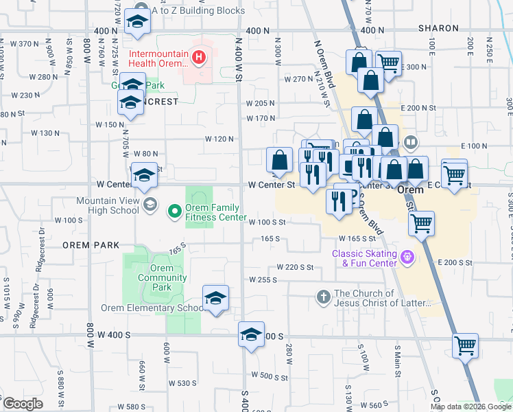 map of restaurants, bars, coffee shops, grocery stores, and more near 58 South 360 West in Orem