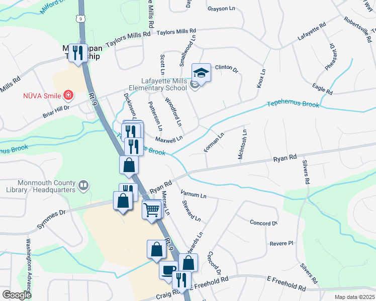 map of restaurants, bars, coffee shops, grocery stores, and more near 8 Wayne Court in Manalapan Township