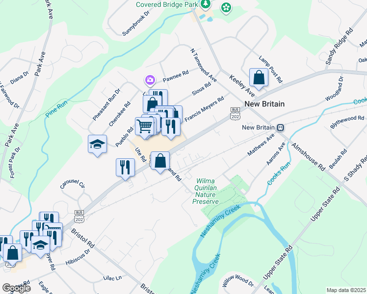 map of restaurants, bars, coffee shops, grocery stores, and more near 210 West Butler Avenue in New Britain