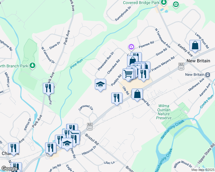 map of restaurants, bars, coffee shops, grocery stores, and more near 160 Pueblo Road in New Britain