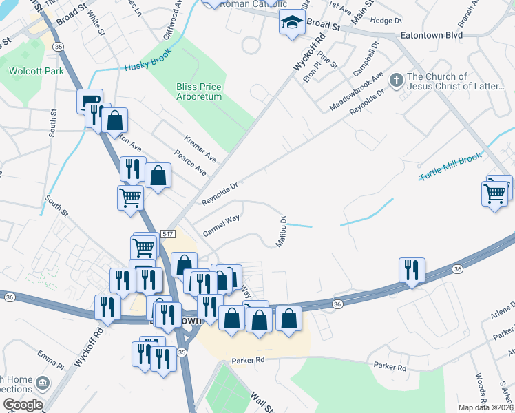 map of restaurants, bars, coffee shops, grocery stores, and more near 36 Carmel Way in Eatontown