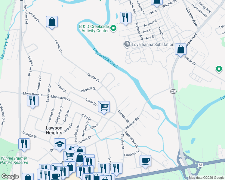 map of restaurants, bars, coffee shops, grocery stores, and more near 5175 Center Drive in Latrobe