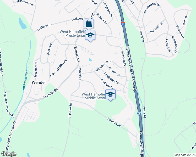 map of restaurants, bars, coffee shops, grocery stores, and more near 111 Sheffield Drive in Irwin
