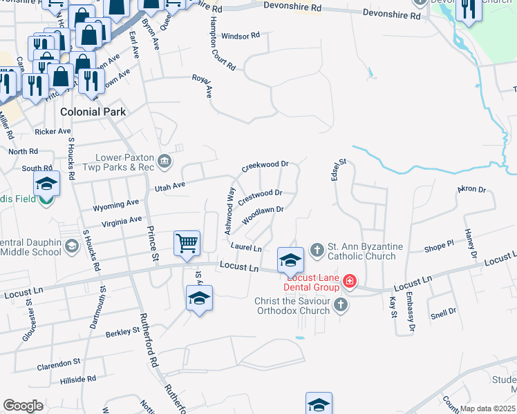 map of restaurants, bars, coffee shops, grocery stores, and more near 5218 Woodlawn Drive in Harrisburg
