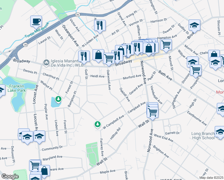 map of restaurants, bars, coffee shops, grocery stores, and more near 73 Oakwood Avenue in Long Branch
