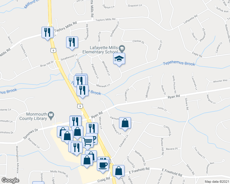 map of restaurants, bars, coffee shops, grocery stores, and more near 8 Wayne Court in Manalapan Township