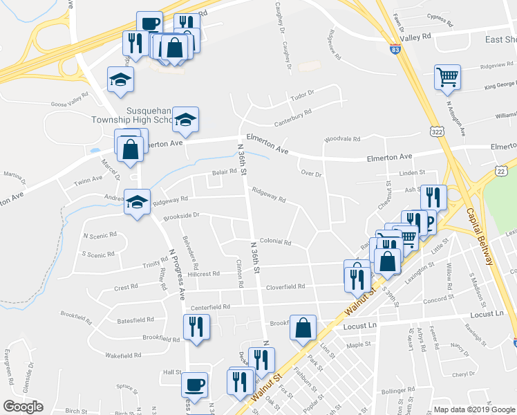 map of restaurants, bars, coffee shops, grocery stores, and more near 3601 Brookridge Terrace in Harrisburg