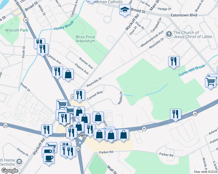 map of restaurants, bars, coffee shops, grocery stores, and more near 36 Carmel Way in Eatontown