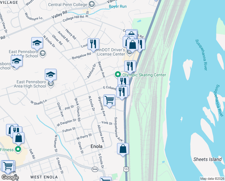 map of restaurants, bars, coffee shops, grocery stores, and more near 46 East Columbia Road in Enola