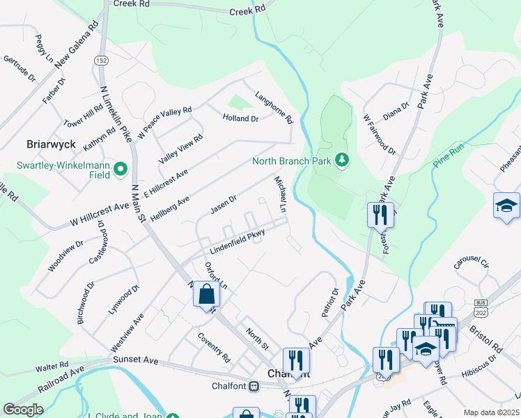map of restaurants, bars, coffee shops, grocery stores, and more near 113 Megan Circle in Chalfont
