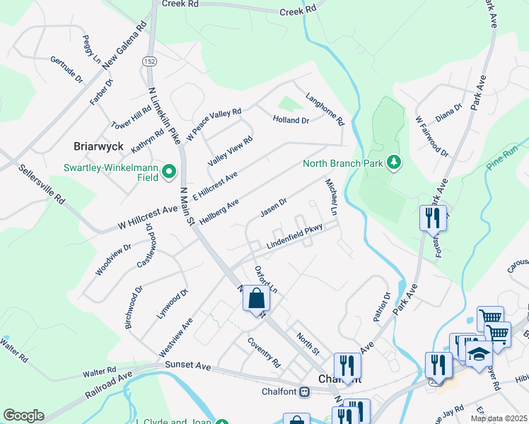 map of restaurants, bars, coffee shops, grocery stores, and more near 75 Jasen Drive in Chalfont