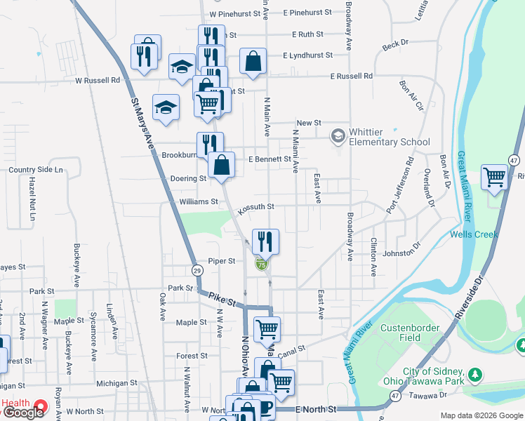 map of restaurants, bars, coffee shops, grocery stores, and more near 115 Kossuth Street in Sidney
