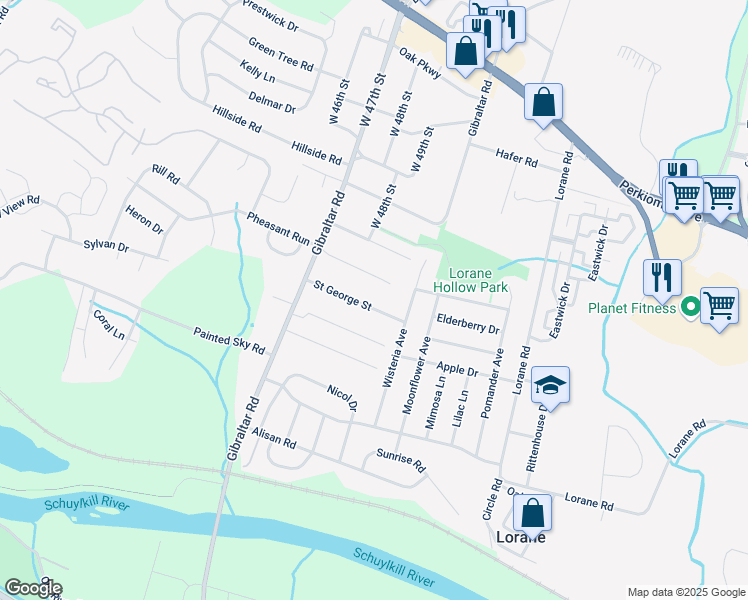 map of restaurants, bars, coffee shops, grocery stores, and more near 4713A Saint George Street in Reading