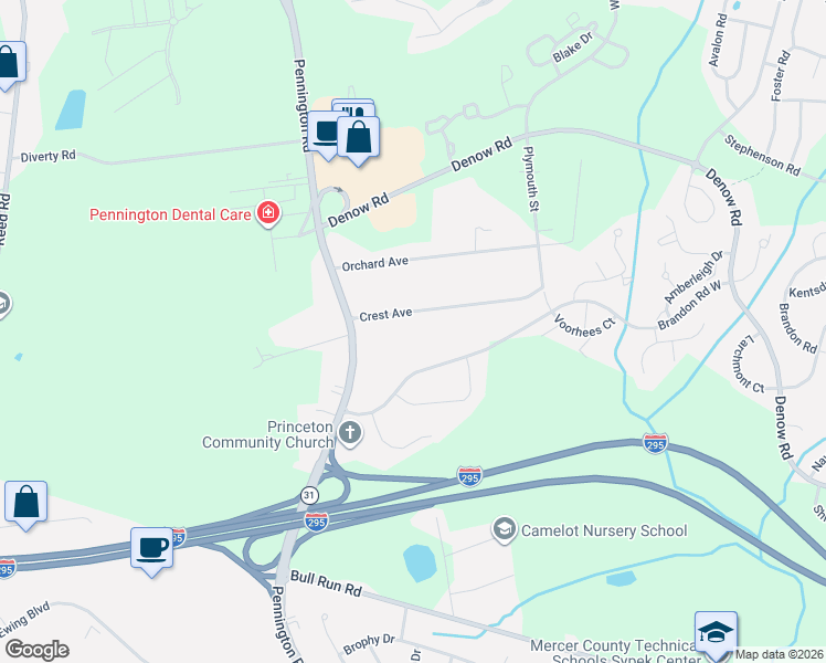 map of restaurants, bars, coffee shops, grocery stores, and more near 17 Brandon Road West in Pennington