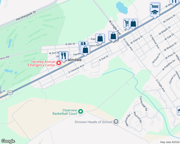map of restaurants, bars, coffee shops, grocery stores, and more near 2 Sunrise Drive in Hershey
