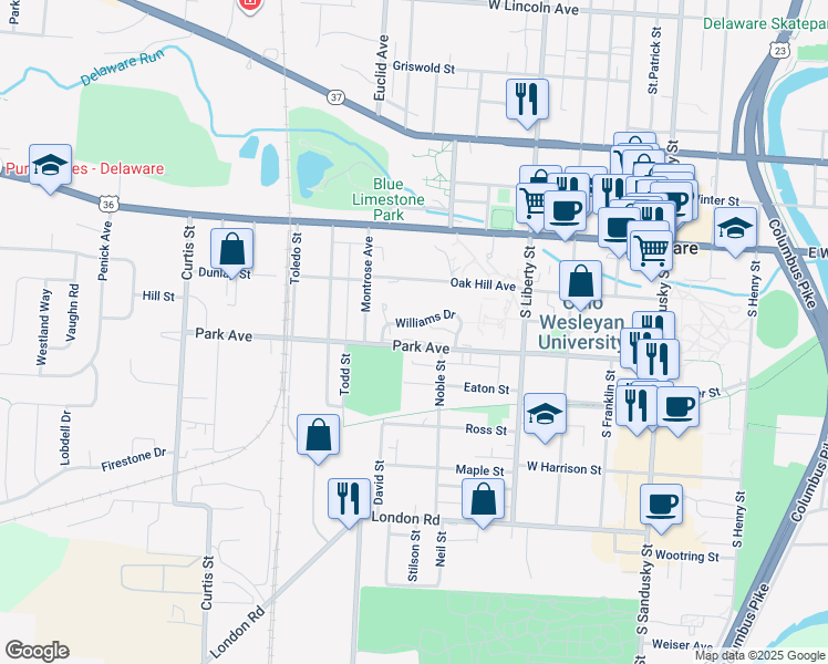map of restaurants, bars, coffee shops, grocery stores, and more near 10 Williams Drive in Delaware