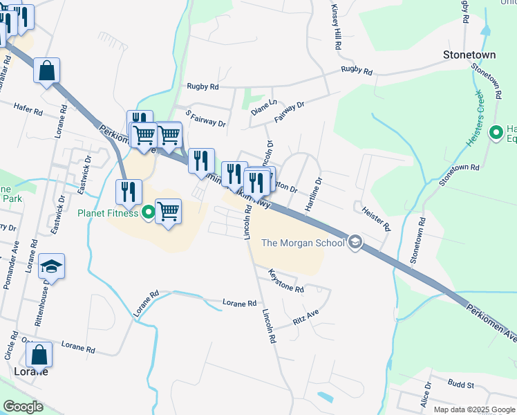 map of restaurants, bars, coffee shops, grocery stores, and more near 5800 Perkiomen Avenue in Birdsboro