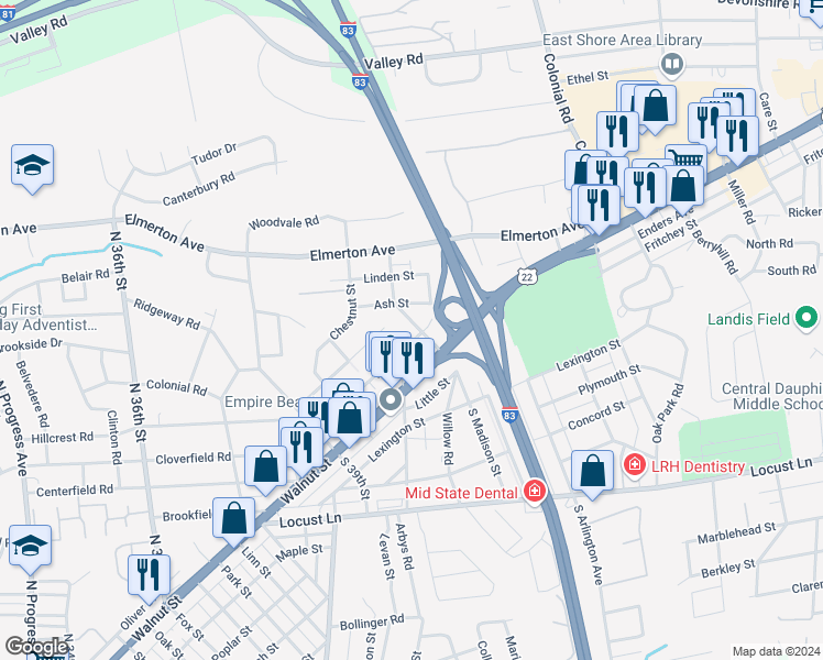 map of restaurants, bars, coffee shops, grocery stores, and more near 4004 Walnut Street in Harrisburg
