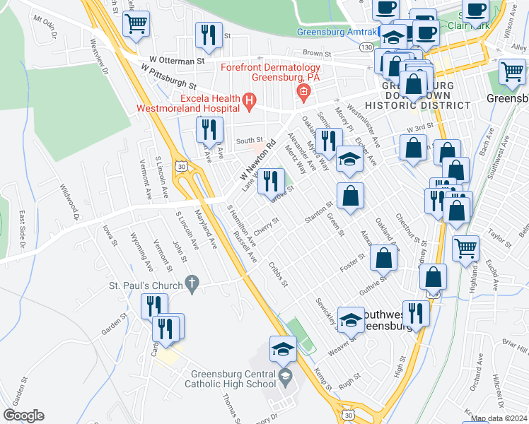 map of restaurants, bars, coffee shops, grocery stores, and more near 315 Hancock Avenue in Greensburg