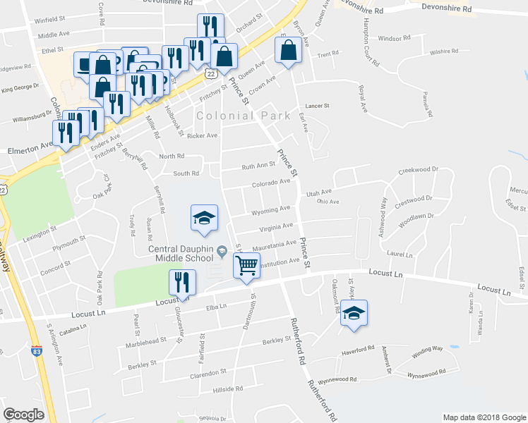 map of restaurants, bars, coffee shops, grocery stores, and more near Wyoming Avenue in Harrisburg