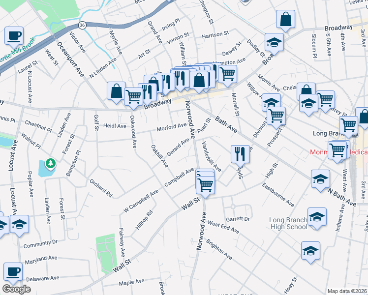 map of restaurants, bars, coffee shops, grocery stores, and more near 110 Norwood Avenue in Long Branch