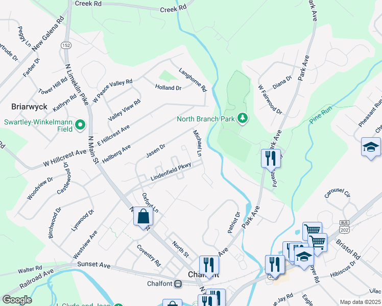 map of restaurants, bars, coffee shops, grocery stores, and more near 135 Megan Circle in Chalfont