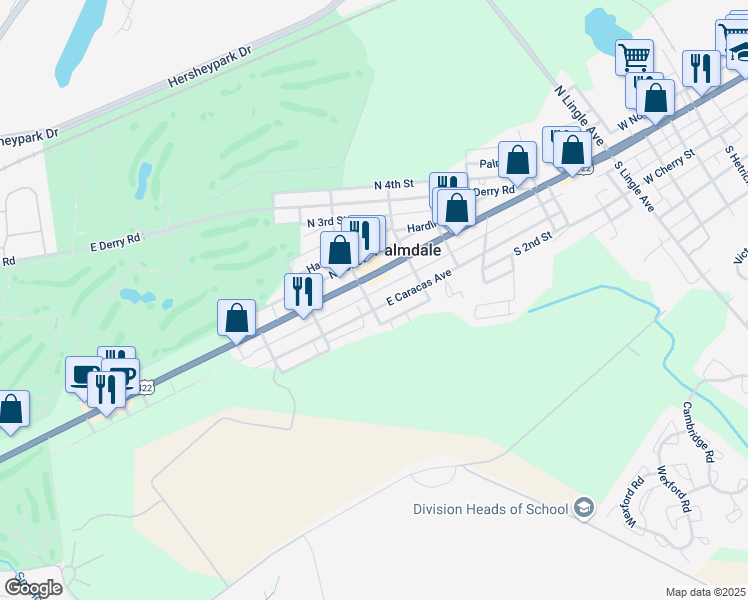 map of restaurants, bars, coffee shops, grocery stores, and more near 1307 East Caracas Avenue in Hershey