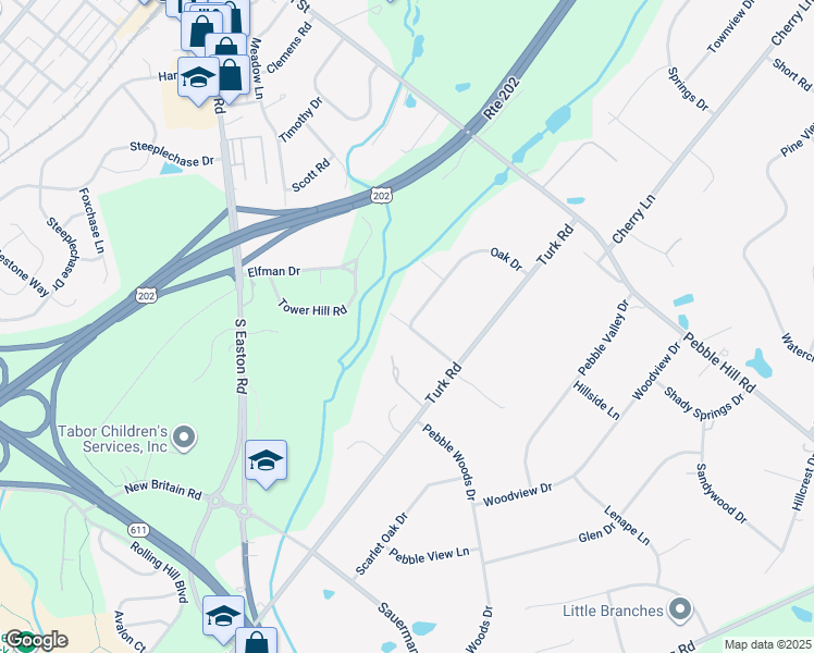 map of restaurants, bars, coffee shops, grocery stores, and more near 42 Pebble Woods Drive North in Doylestown