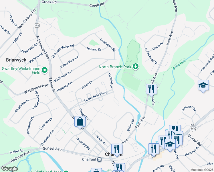 map of restaurants, bars, coffee shops, grocery stores, and more near 135 Megan Circle in Chalfont