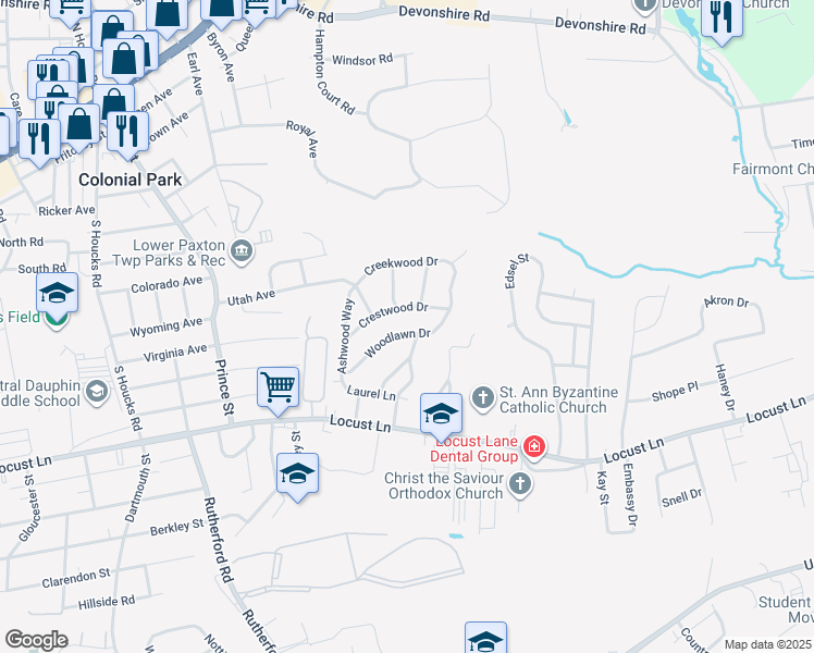 map of restaurants, bars, coffee shops, grocery stores, and more near 5226 Woodlawn Drive in Harrisburg