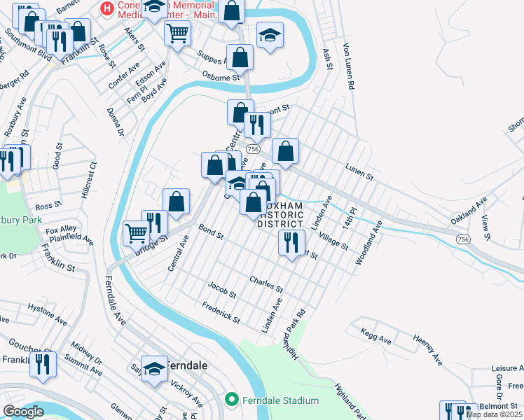 map of restaurants, bars, coffee shops, grocery stores, and more near 602 Grove Avenue in Johnstown