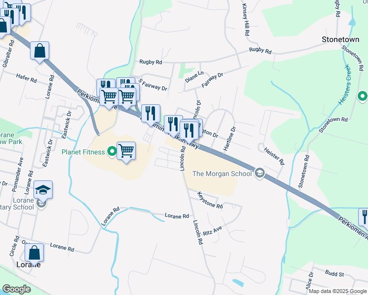 map of restaurants, bars, coffee shops, grocery stores, and more near Lincoln Road in Berks County