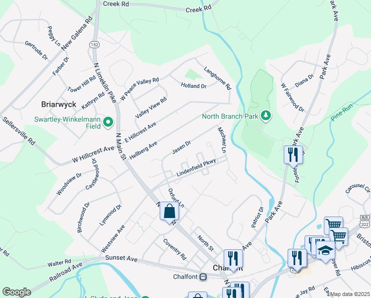 map of restaurants, bars, coffee shops, grocery stores, and more near 60 Jasen Drive in Chalfont