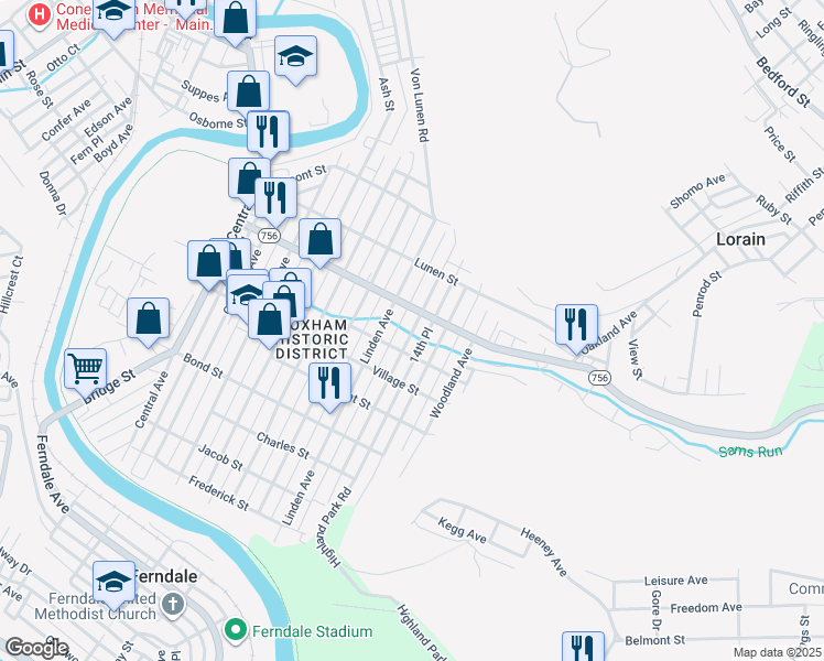 map of restaurants, bars, coffee shops, grocery stores, and more near 521 Russell Avenue in Johnstown