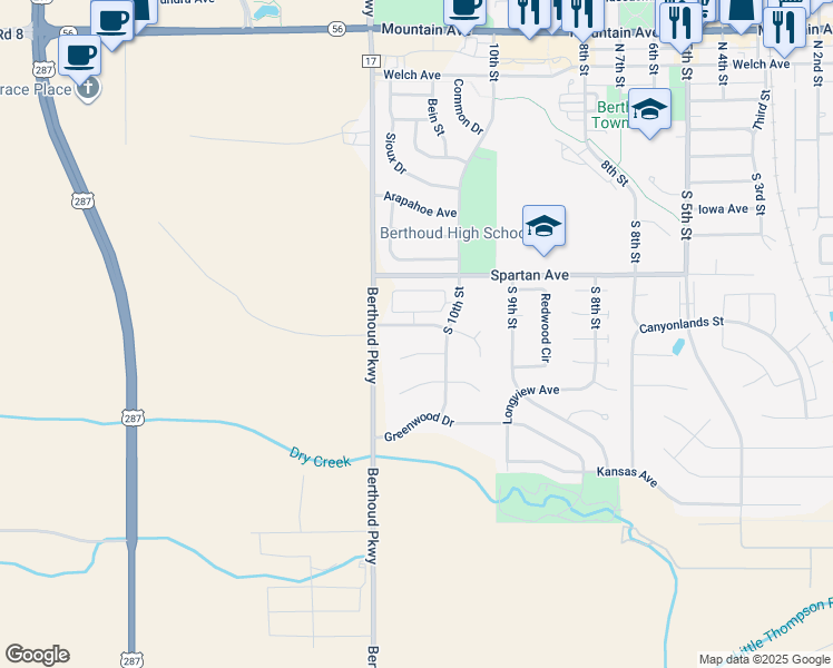 map of restaurants, bars, coffee shops, grocery stores, and more near 1105 Blue Bell Road in Berthoud